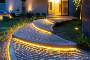 Modern curved pathway with integrated LED lighting, leading to a home entrance, surrounded by neatly landscaped greenery.