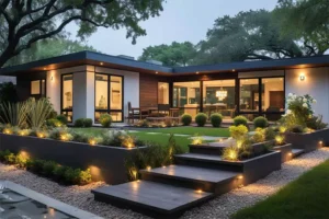 Modern home surrounded by a sleek landscaped yard featuring low-voltage lighting along tiered steps, garden beds, and pathways, creating an inviting and stylish ambiance.