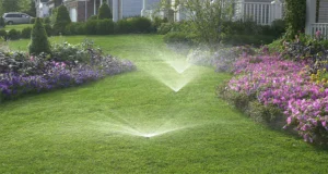 Lush green lawn and vibrant flower beds being evenly watered by sprinklers—proper spring sprinkler startup with professional irrigation contractors in Raleigh, NC.