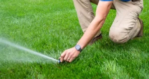 Technician adjusting a lawn sprinkler head to ensure proper water coverage and prevent property damage.
