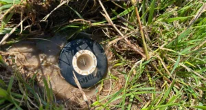 Damaged sprinkler head surrounded by muddy water and overgrown grass in Raleigh, NC – indicating need for timely sprinkler repair and maintenance.