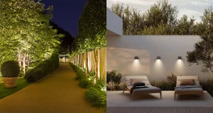 Comparison of uplighting and downlighting outdoor lighting techniques for Raleigh homes highlighting landscape and patio design