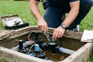 A technician repairs a sprinkler valve inside an irrigation system box to ensure proper water flow.