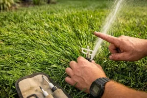Technician adjusting sprinkler head to fix uneven spray and improve irrigation system performance