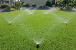 Proper sprinkler head spacing with head-to-head coverage on a green lawn in Raleigh NC, showing even water distribution for warm-season grass irrigation system efficiency