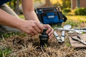 A licensed irrigation contractor calibrates a residential sprinkler system to improve water efficiency, eliminate dry spots, and promote healthier lawn growth.