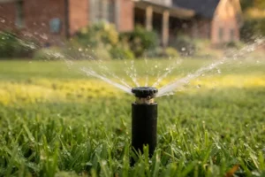 Water-saving sprinkler system irrigating a residential lawn in Raleigh, NC, featuring efficient sprinkler installation for healthy grass and reduced water waste.