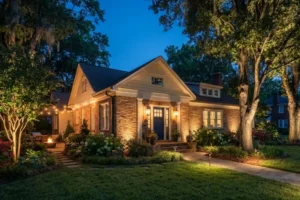 A Raleigh home at dusk featuring warm outdoor landscape lighting along the walkway, garden beds, trees, and entryway, creating inviting nighttime curb appeal.