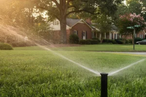 A sprinkler waters a lush lawn at golden hour, with backlit spray in front of a brick house.