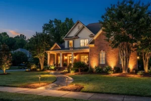 Two-story brick and siding home at dusk, lit by warm landscape lighting along a curved stone walkway, with a covered front porch and lush trees surrounding the property.