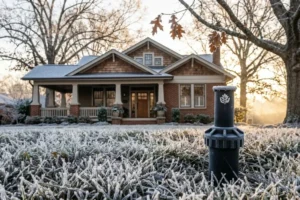 Frost-covered lawn with a sprinkler head in front of a Raleigh, NC home, highlighting the importance of sprinkler winterization before freezing temperatures.