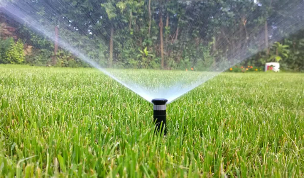 In a green lawn install sprinkler system that is watering