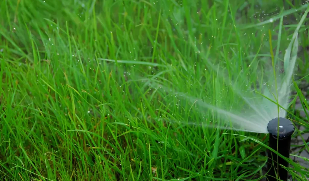 Low water pressure sprinkler head spraying unevenly across a Raleigh lawn, showing irrigation system problems that can cause dry spots and poor water coverage