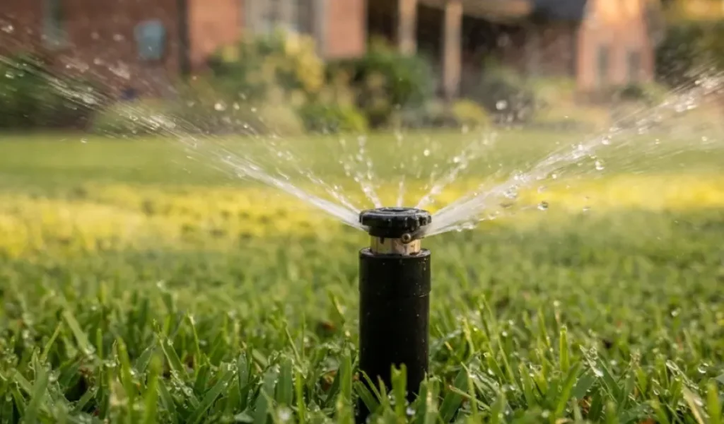 Water-saving sprinkler system irrigating a residential lawn in Raleigh, NC, featuring efficient sprinkler installation for healthy grass and reduced water waste.