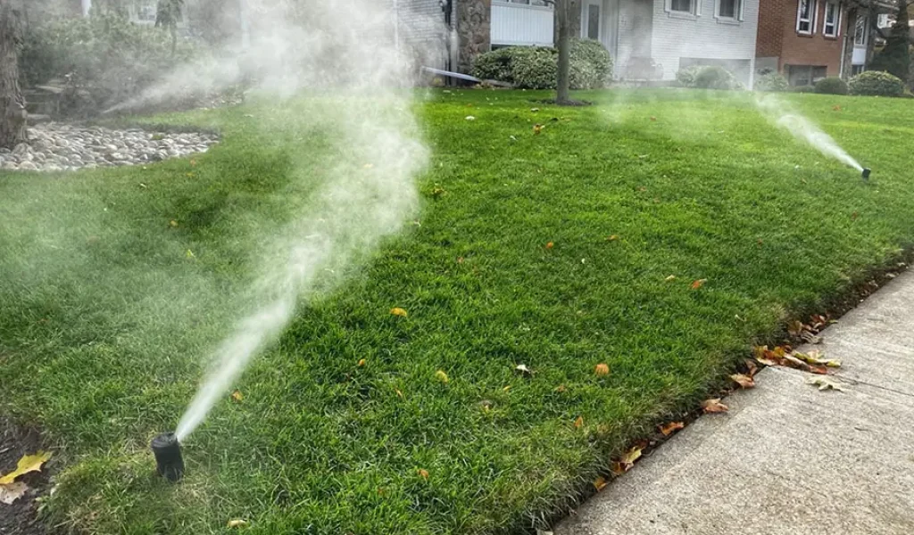 Lawn sprinkler system spraying mist over a green yard in a residential neighborhood, preparing irrigation lines for winter in Raleigh, NC.