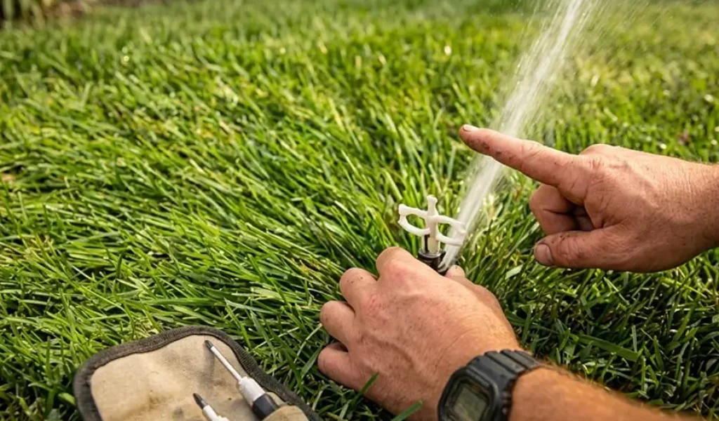 Technician adjusting sprinkler head to fix uneven spray and improve irrigation system performance