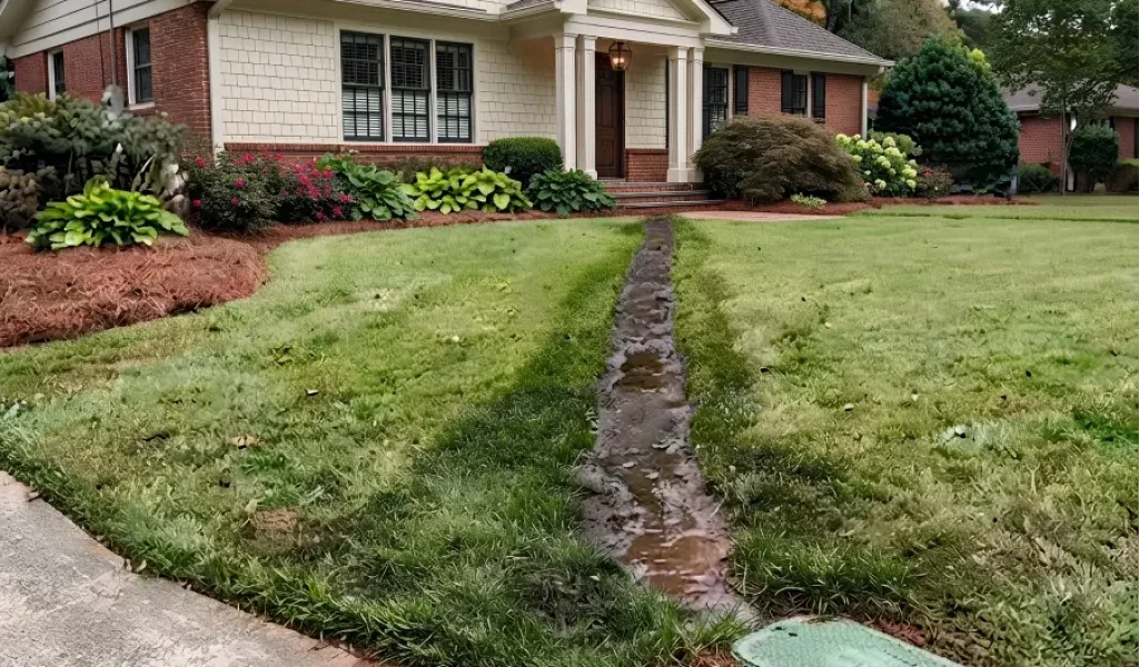 A residential lawn with a long, water-filled trench caused by a possible underground sprinkler line leak. The saturated grass and standing water highlight signs of an irrigation system problem.