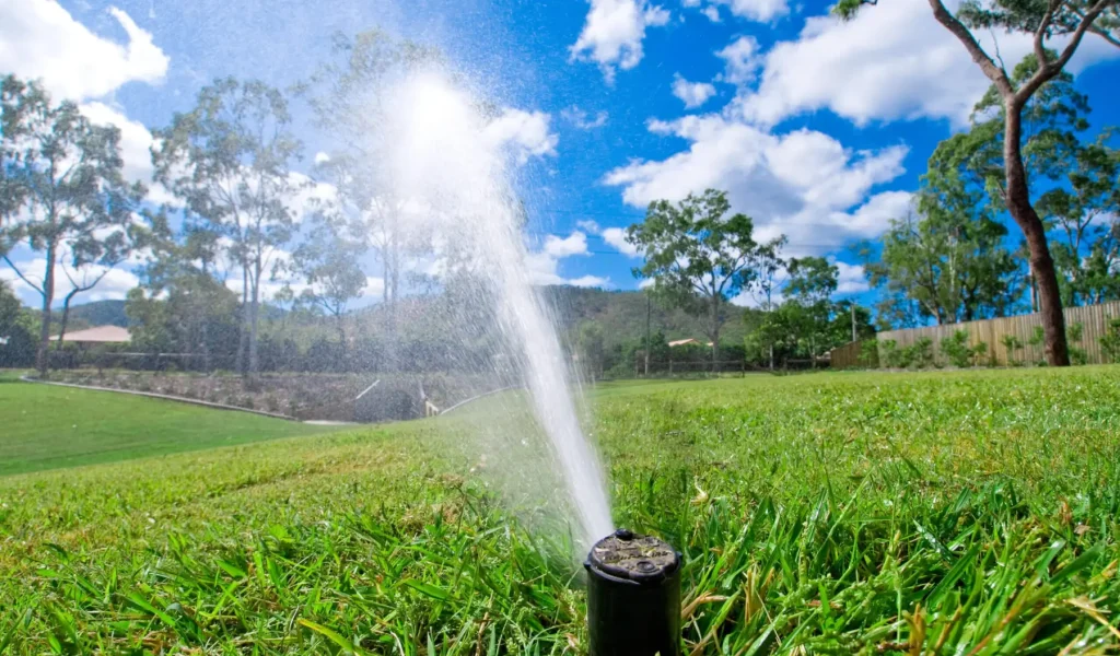 Lawn sprinkler head spraying water evenly across a residential yard, showing a well-planned irrigation layout designed to reduce water waste in Raleigh, NC.