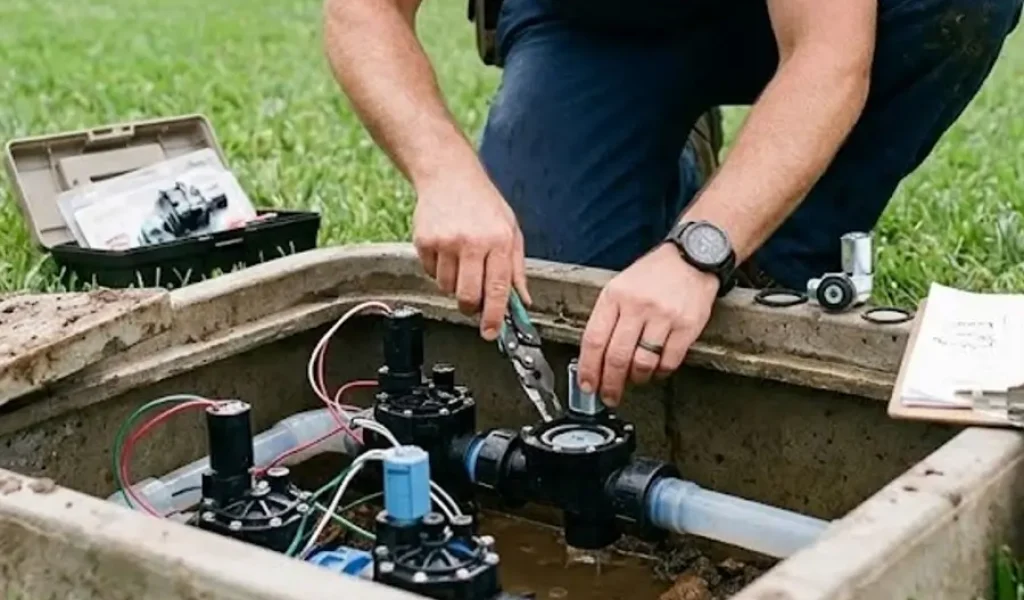 A technician repairs a sprinkler valve inside an irrigation system box to ensure proper water flow.