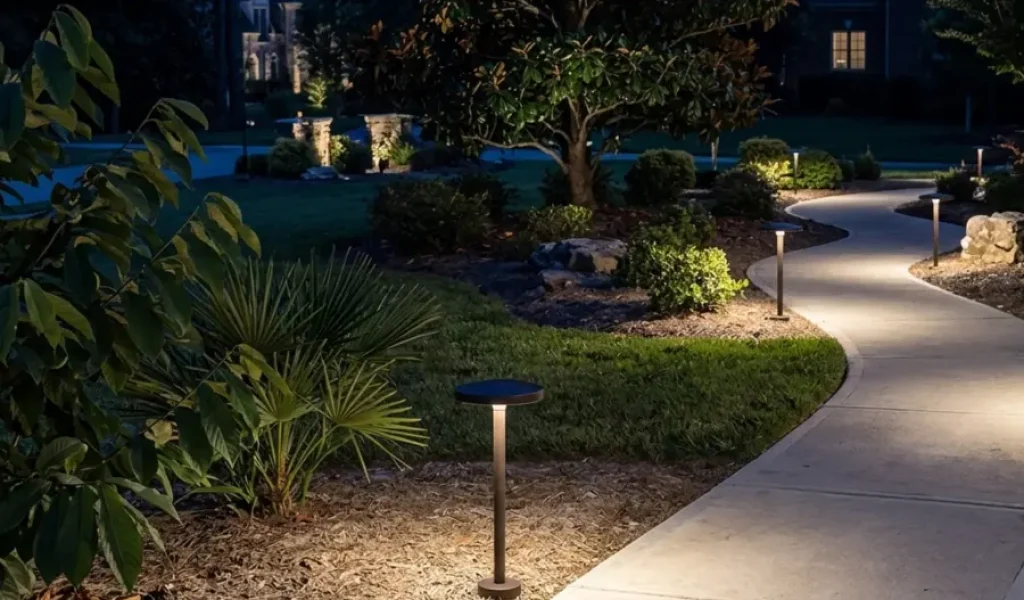 LED path lights illuminating a curved residential walkway at night in a landscaped Raleigh North Carolina yard