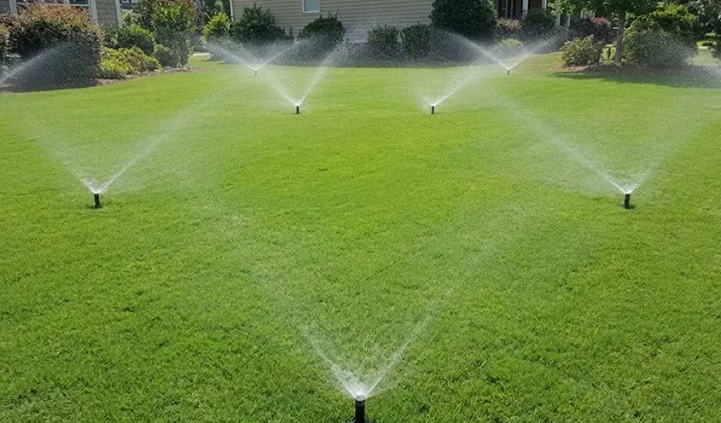 Proper sprinkler head spacing with head-to-head coverage on a green lawn in Raleigh NC, showing even water distribution for warm-season grass irrigation system efficiency