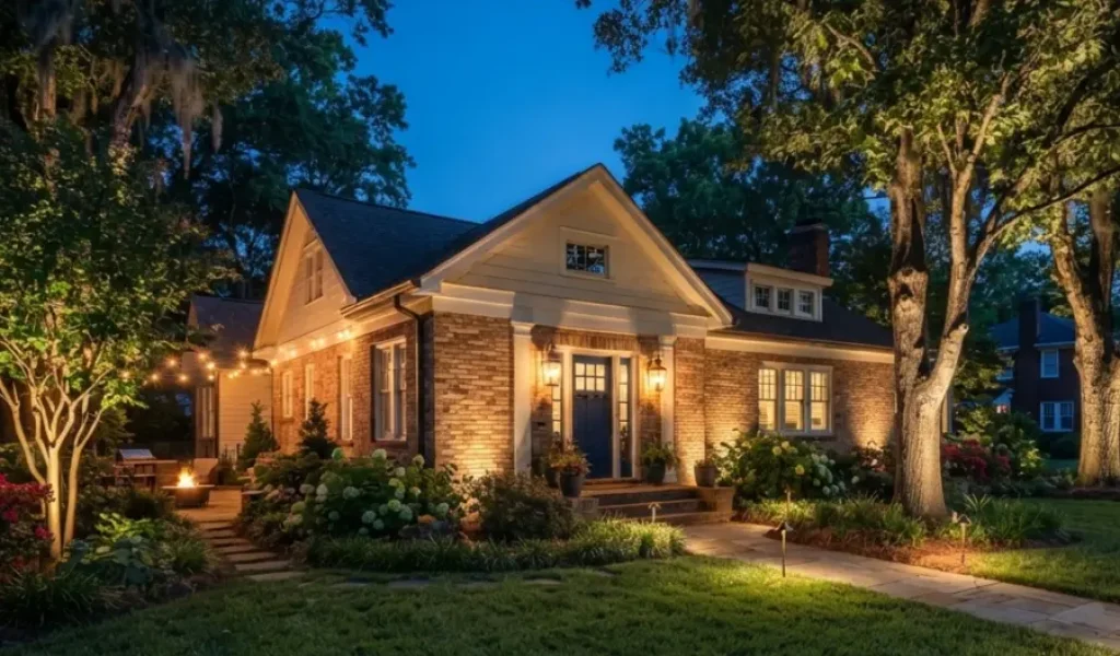A Raleigh home at dusk featuring warm outdoor landscape lighting along the walkway, garden beds, trees, and entryway, creating inviting nighttime curb appeal.