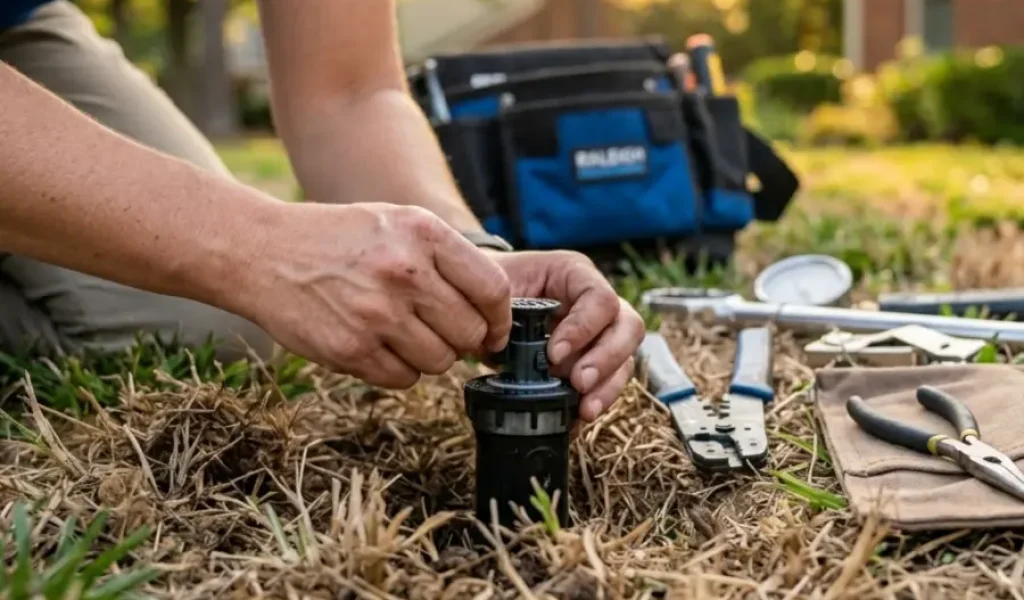 A licensed irrigation contractor calibrates a residential sprinkler system to improve water efficiency, eliminate dry spots, and promote healthier lawn growth.