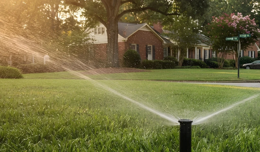 A sprinkler waters a lush lawn at golden hour, with backlit spray in front of a brick house.