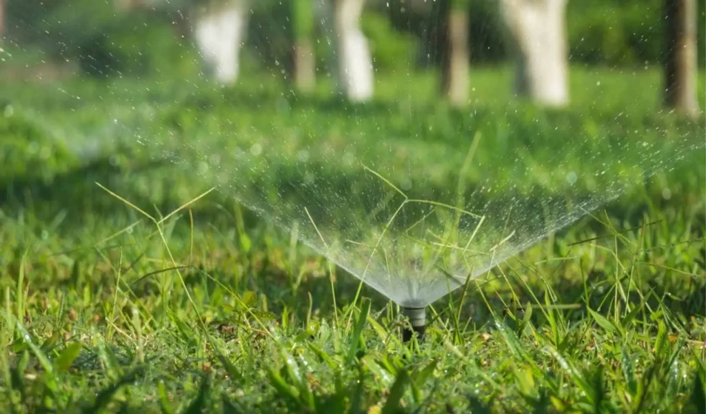 A close-up of a sprinkler head spraying water in a wide pattern across green grass. Droplets sparkle in the sunlight, keeping the lawn fresh and hydrated.
