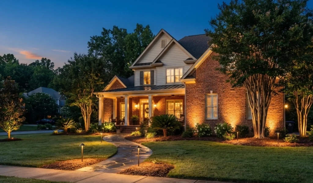 Two-story brick and siding home at dusk, lit by warm landscape lighting along a curved stone walkway, with a covered front porch and lush trees surrounding the property.