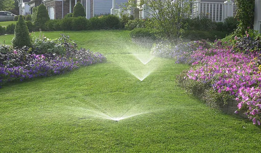 Lush green lawn and vibrant flower beds being evenly watered by sprinklers—proper spring sprinkler startup with professional irrigation contractors in Raleigh, NC.