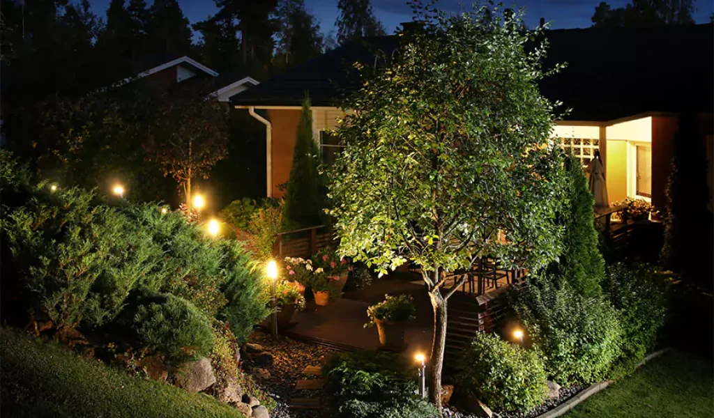Beautifully lit backyard garden with outdoor lighting highlighting trees and shrubs, creating a cozy nighttime ambiance