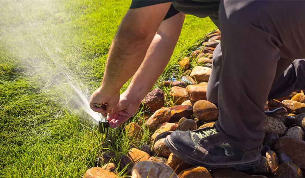 Technician repairing lawn sprinkler system near decorative stone border in Raleigh, NC