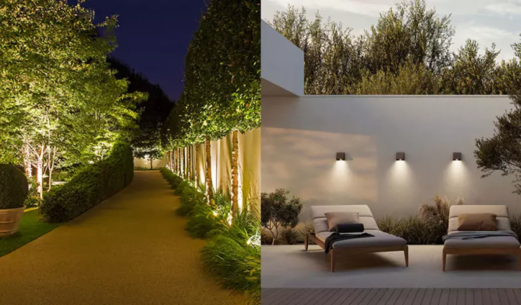 Comparison of uplighting and downlighting outdoor lighting techniques for Raleigh homes highlighting landscape and patio design